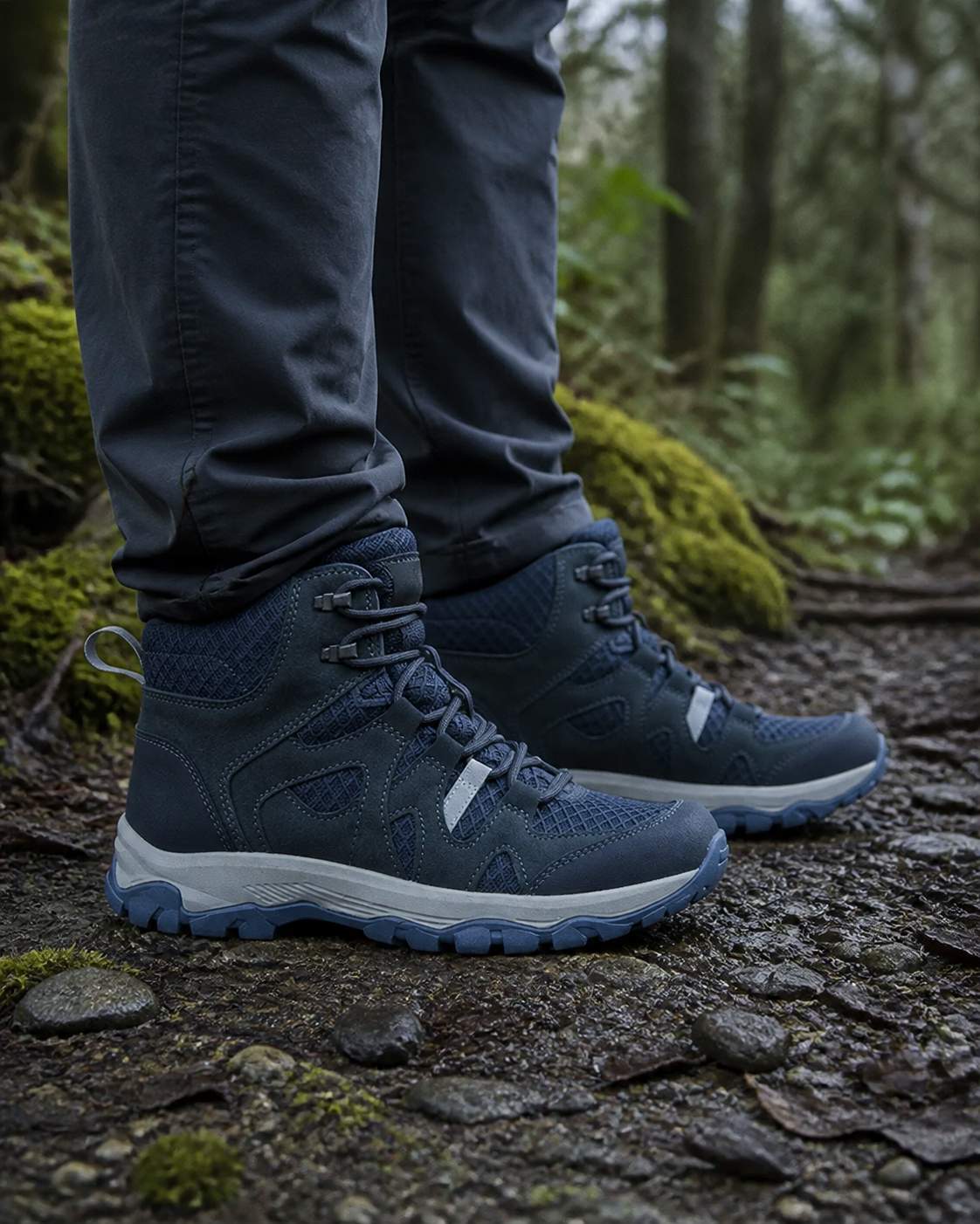 Botines azul oscuro sin marcas en un sendero de bosque
