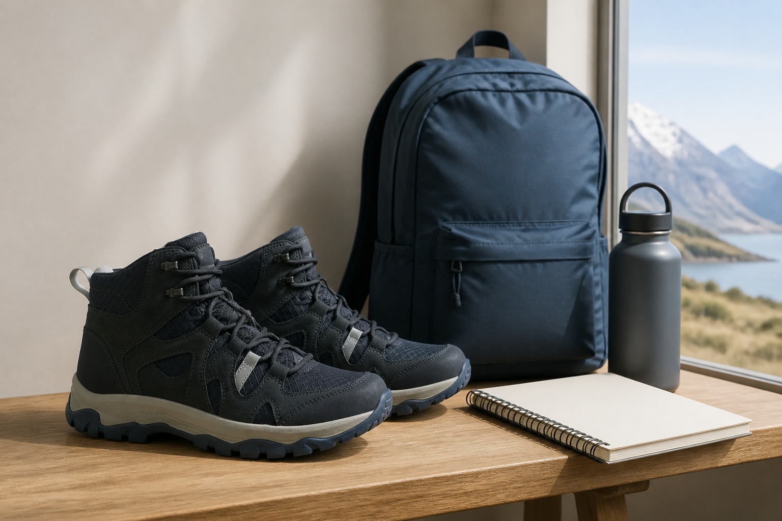 Botines azul oscuro junto a una mochila y libreta sin texto